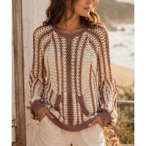 Free People Women Dayton Sweater Medium Slouchy Crochet Boho Coastal Cottagecore